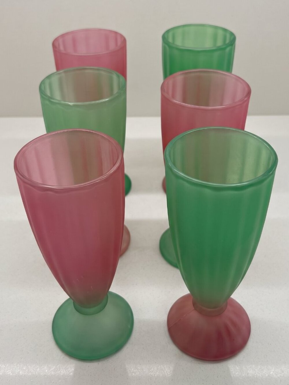 Vintage 1960s Libbey Ka-Dinks Parfait Sundae Glasses Set of 6 Pink Green Frosted